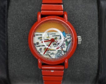 Montre mécanique vintage rare, avion rotatif, carte des États-Unis, dôme à bulles, courant des années 70