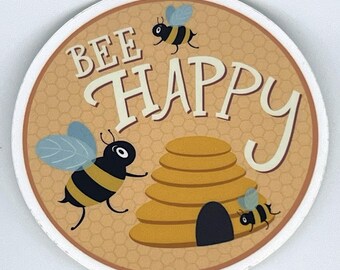 Bee Happy Vinyl Sticker | Original Bee Artwork for Laptops, Water Bottles