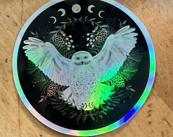 Holographic Snowy Owl Moon Phase Sticker | Celestial Lunar Cycle Art (3" Die-Cut)