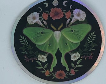 Moon Phase Luna Moth Holographic Sticker