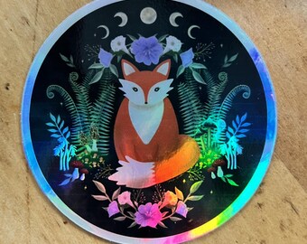 Woodland Fox Holographic Sticker | Moon Phases, Mystical Forest Art, Celestial Nature Lover