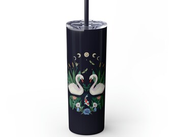 Moon Phase Swimming Swans Skinny Tumbler with Straw, 20oz