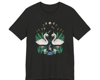 Swan Graphic Tee - Floral Moon Design, Nature Lover Unisex Shirt