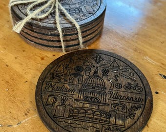 Madison Wisconsin Line Icons Coaster