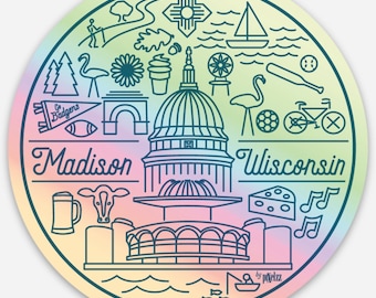 Madison Wisconsin Holographic Sticker | Rainbow Iridescent City Art | WI Isthmus Skyline Decal