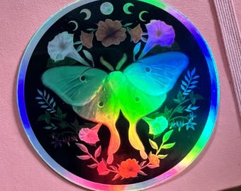 Holographic Luna Moth Sticker | Moon Phase Celestial Vinyl Decal (3 Inch)