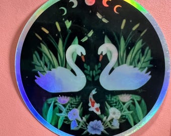 Holographic Swan Moon Phase Sticker | Celestial Water Birds Vinyl Decal