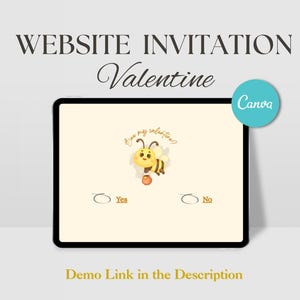 Puede incluir: Una tableta digital muestra una invitación de San Valentín con el texto "Website Invitation Valentine". El diseño presenta una abeja de dibujos animados con la frase "Bee my valentine?" y las opciones "Sí" y "No".