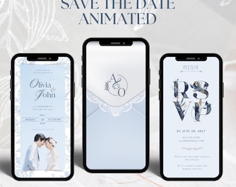 Animated Wedding Invitation, Light Blue Floral Bow Canva Video Template