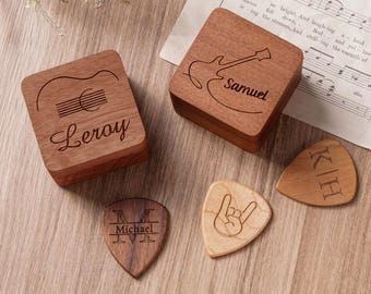 Médiator en bois personnalisé avec étui, boîte de médiator personnalisée, cadeaux de Noël pour lui joueur de guitare, gravure boîte d'étui de médiator