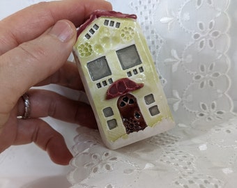 3" tall house Red roof and awning Miniature house Tiny house fairy Ceramic house Handmade Decorative house Fairy garden Ceramic Enchanted