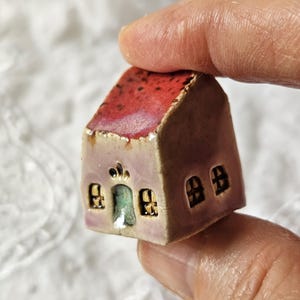 Tiny Ceramic House: Raspberry Lavender Miniature Fairy Garden Decor
