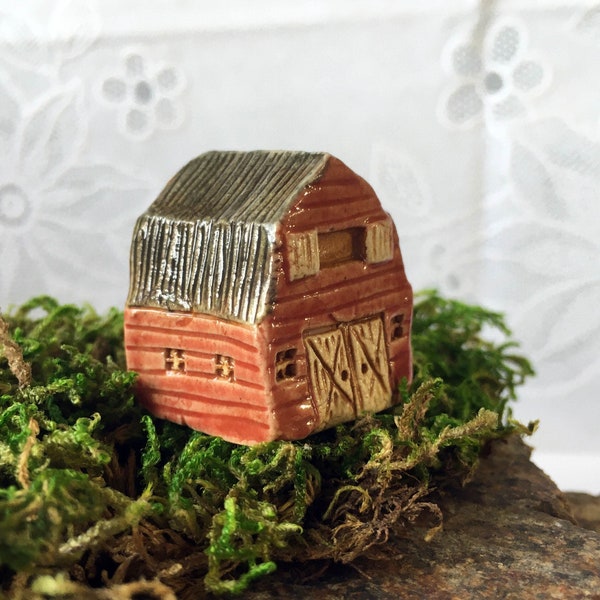 Red Barn #31 Miniature house Tiny house Mini ceramic house Rustic house Village Tiny house Housewarming gift Ceramic Miniature Building