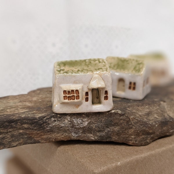 White #151 Tiny ceramic house Miniature house with green awning Tiny house Ceramic house Little house Housewarming Fairy garden Wedding gift