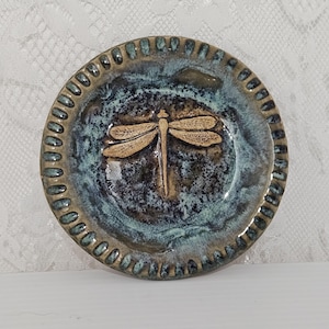 Handmade Ceramic Trinket Dish: Dragonfly on Green Blue background (3.75 inch)