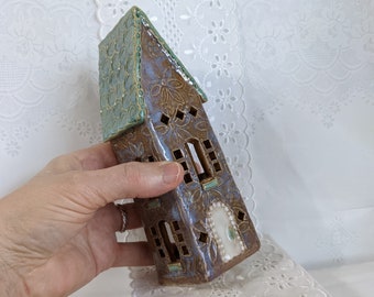 6.75" tall iridescent gray LIGHTABLE house Miniature house Tiny house fairy Ceramic house Handmade Decorative house Fairy garden Enchanted