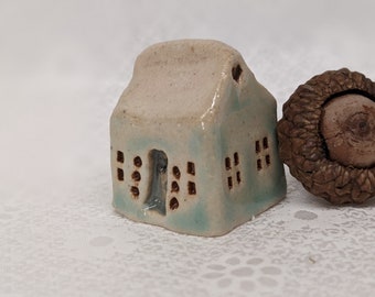 Blue #154 Tiny ceramic house Miniature house with gray door Tiny house Ceramic house Little house Housewarming Fairy garden Wedding gift