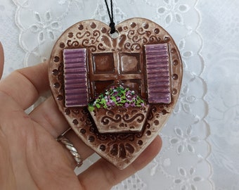 Heart-shaped ornament with window box and flowers Green shutters Purple shutters Hand painted acrylic flowers