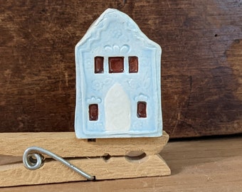 Miniature blue house with gothic front door door Tiny house Miniature house Enchanted fairy garden Housewarming Fairy house