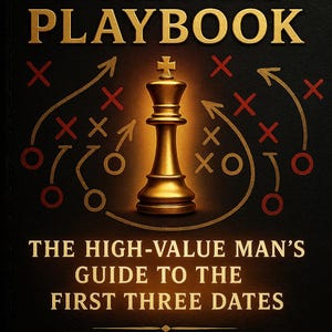 May include: Book cover with the title "PRIME PLAYBOOK" in gold lettering. A gold chess king is centered, with red and gold arrows and circles. The text "THE HIGH-VALUE MAN'S GUIDE TO THE FIRST THREE DATES" is below.