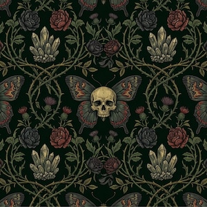 May include: Dark green repeating pattern featuring skull butterflies, roses, crystals, and thistles. The butterflies have skull faces and detailed wings. Roses are in shades of red and black. Crystals are in the center of the design.
