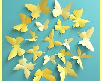3D Wall Butterflies - 15 Vanilla, Mustard, Lemon, Gold Yellow Butterfly Silhouettes, Home Decor, Nursery