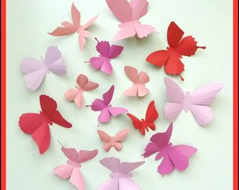 3D Wall Butterflies - 15 Salmon, Carnation, Lipstick, Pastel Pink Butterfly Silhouettes, Nursery, Wedding