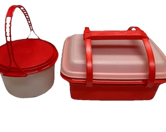 Juego de 2 recipientes Tupperware vintage con asas en color rojo.