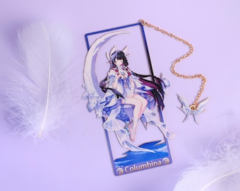 Colombina enamel bookmark features an anime character on a crescent moon, perfect as an elegant backpack charm for daily accessories