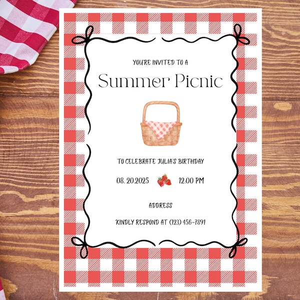 Summer Picnic Invitation Template | Gingham Basket Strawberry Canva Editable Outdoor Rustic Picnic Party Invite
