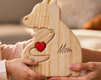 Quebra-cabeça de urso de madeira personalizado, quebra-cabeça de urso com nome da família gravado, quebra-cabeça de urso mãe e bebê, decoração para casa, presente para a mãe