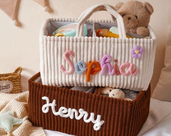 Cesta de almacenamiento para bebé de pana con 3 compartimentos, regalo personalizado para baby shower.
