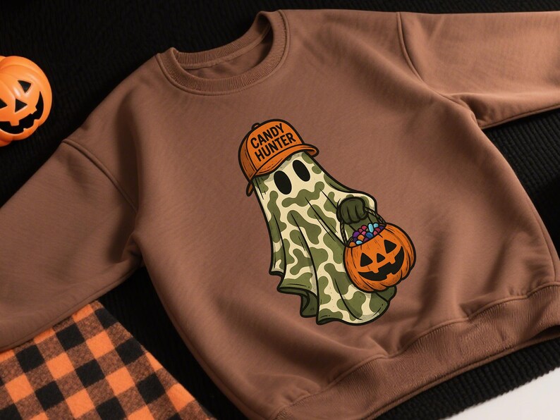 May include: Brown sweatshirt featuring a Halloween-themed graphic. The design includes a ghost wearing an orange hat with the text "CANDY HUNTER" and holding a pumpkin-shaped candy bucket. The ghost has a camouflage pattern. An orange pumpkin is visible in the upper left corner.