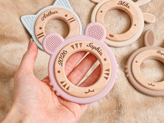 Personalized Silicone Baby Teething Rings,Wooden Ring Sensory Toy