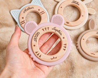 Personalisierte Baby Name Beißringe, benutzerdefinierte Silikon Baby Beißring, Holzring sensorisches Spielzeug, Silikon Beißring, Babypartygeschenk