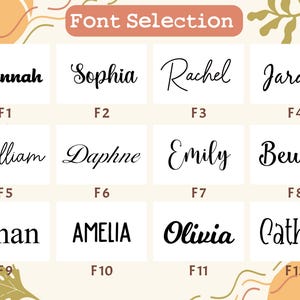May include: A graphic displaying a "Font Selection" with twelve different font styles. Each font style is shown with a name, such as "Hoannah" and "Sophia", and a corresponding label, such as "F1" and "F2". The fonts are in black against a white background.