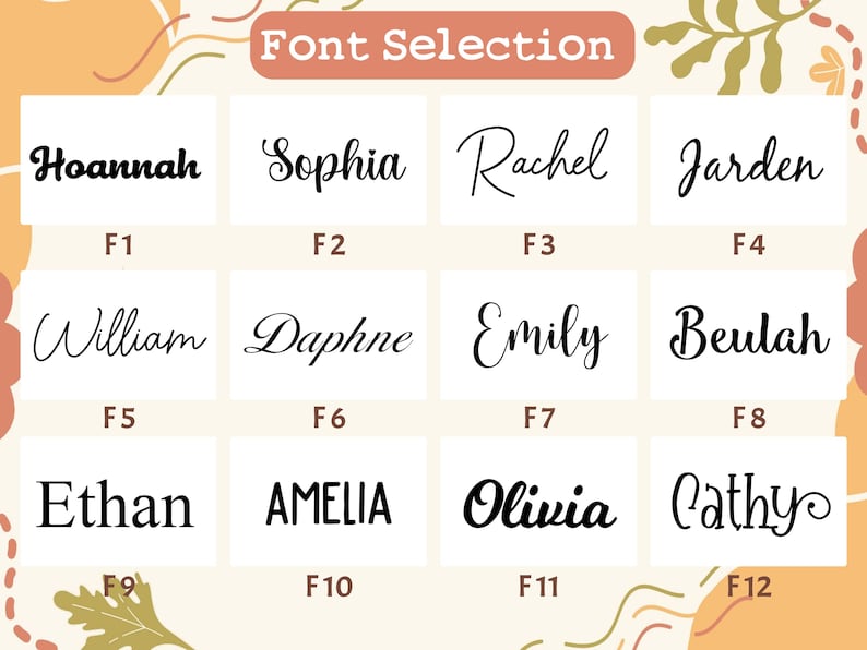 May include: A graphic displaying a "Font Selection" with twelve different font styles. Each font style is shown with a name, such as "Hoannah" and "Sophia", and a corresponding label, such as "F1" and "F2". The fonts are in black against a white background.