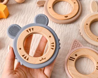 Anelli da dentizione personalizzati in silicone per neonati, anello sensoriale in legno inciso, regalo per neonati