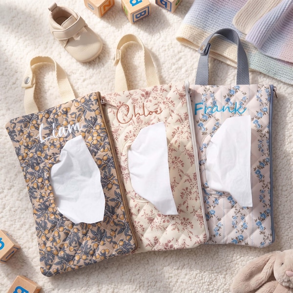 名入れベビーワイプポーチ、刺繍入り花柄ティッシュポーチ、おむつポーチ