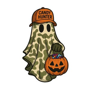 May include: Illustration of a ghost wearing a hat that says "CANDY HUNTER". The ghost is holding a pumpkin-shaped candy basket. The ghost's outfit has a camouflage pattern.