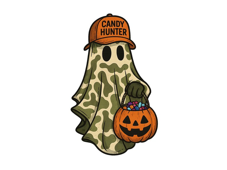 May include: Illustration of a ghost wearing a hat that says "CANDY HUNTER". The ghost is holding a pumpkin-shaped candy basket. The ghost's outfit has a camouflage pattern.