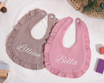 Ruffle Baby Bib, Custom Embroidered Name Soft Cotton  Bib.