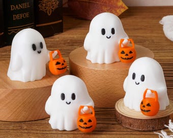 3D Printed Halloween Glow Ghost - Spooky Season Decor with Pumpkin Basket