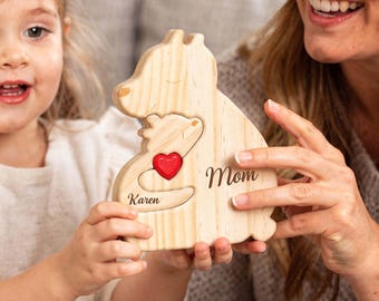 Rompecabezas de oso de madera personalizado, rompecabezas de oso con nombre familiar grabado a medida, rompecabezas de oso mamá y bebé, decoración familiar para el hogar, regalo para mamá.