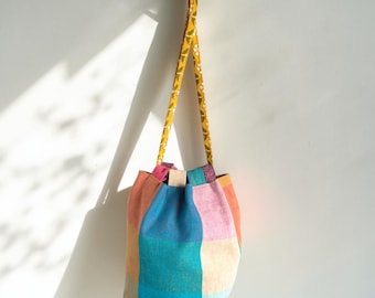 Cube Drawstring Bag (M) | Ise Cotton-Linen (Southern Breeze) x Indian Cotton (Mustard Floral) | MG FUSION | 67