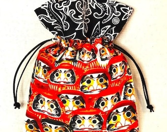 Japanese Daruma Drawstring Pouch: Batik Cotton, Handmade in Japan