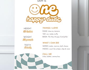 Letrero de cumpleaños para un amigo feliz, primer cumpleaños, emoticono retro, editable, imprimible, descarga digital instantánea en Canva