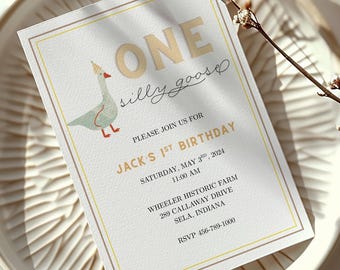 Plantilla de invitación para el primer cumpleaños de One Silly Goose: invitación para fiesta infantil editable e imprimible - Descarga digital instantánea de Canva