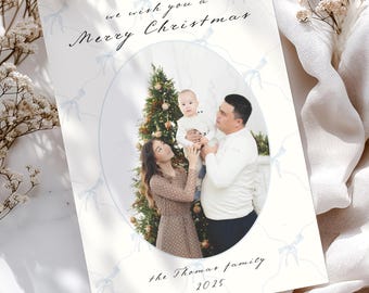 Tarjeta navideña con lazo - Tarjeta familiar navideña - Editable, imprimible, digital, descarga instantánea (5x7)