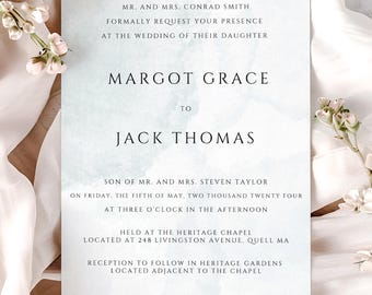 Plantilla minimalista de invitación de boda y RSVP: elegante invitación editable en acuarela, descarga digital sencilla y moderna.